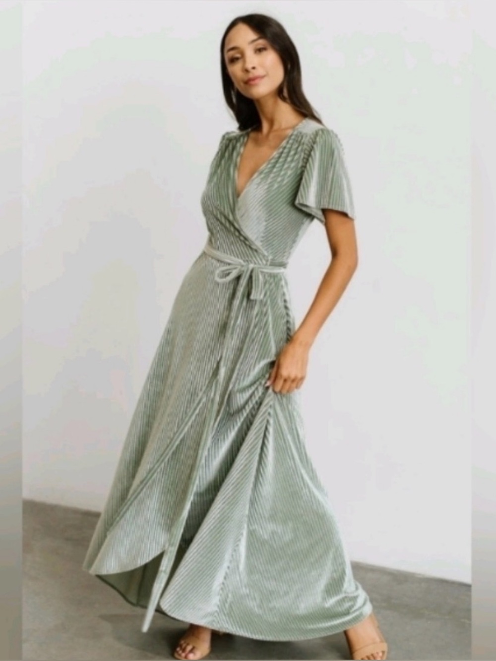 Baltic Born Andi Ribbed Velvet Wrap Dress in Dusty Sage NWT